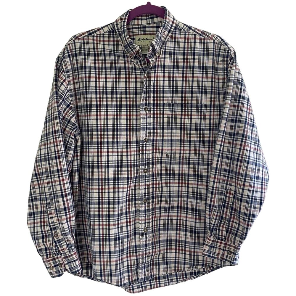 EDDIE BAUER • Navy Red Cream Plaid Long Sleeve Button Down Shirt